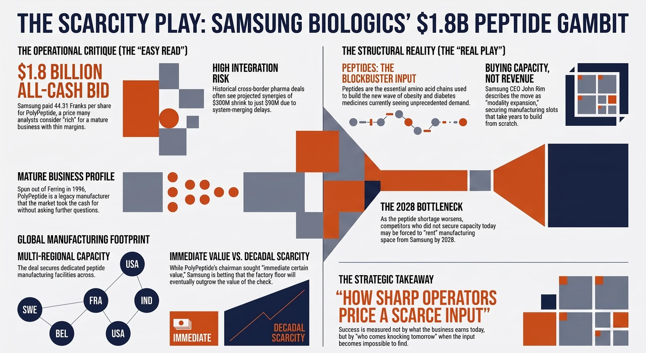 Samsung Bet $1.8B on a Bottleneck. Nobody Priced It. — one-page infographic