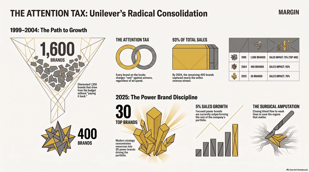 Unilever Cut 1,600 Brands to Save One Budget Line: Attention — one-page infographic