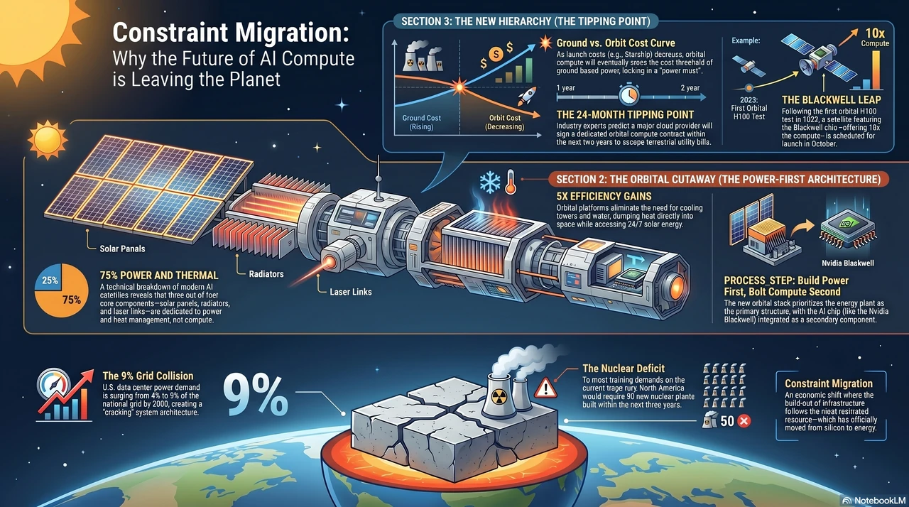 Starcloud Built a Data Center in Space. POWER Is Why. — one-page infographic