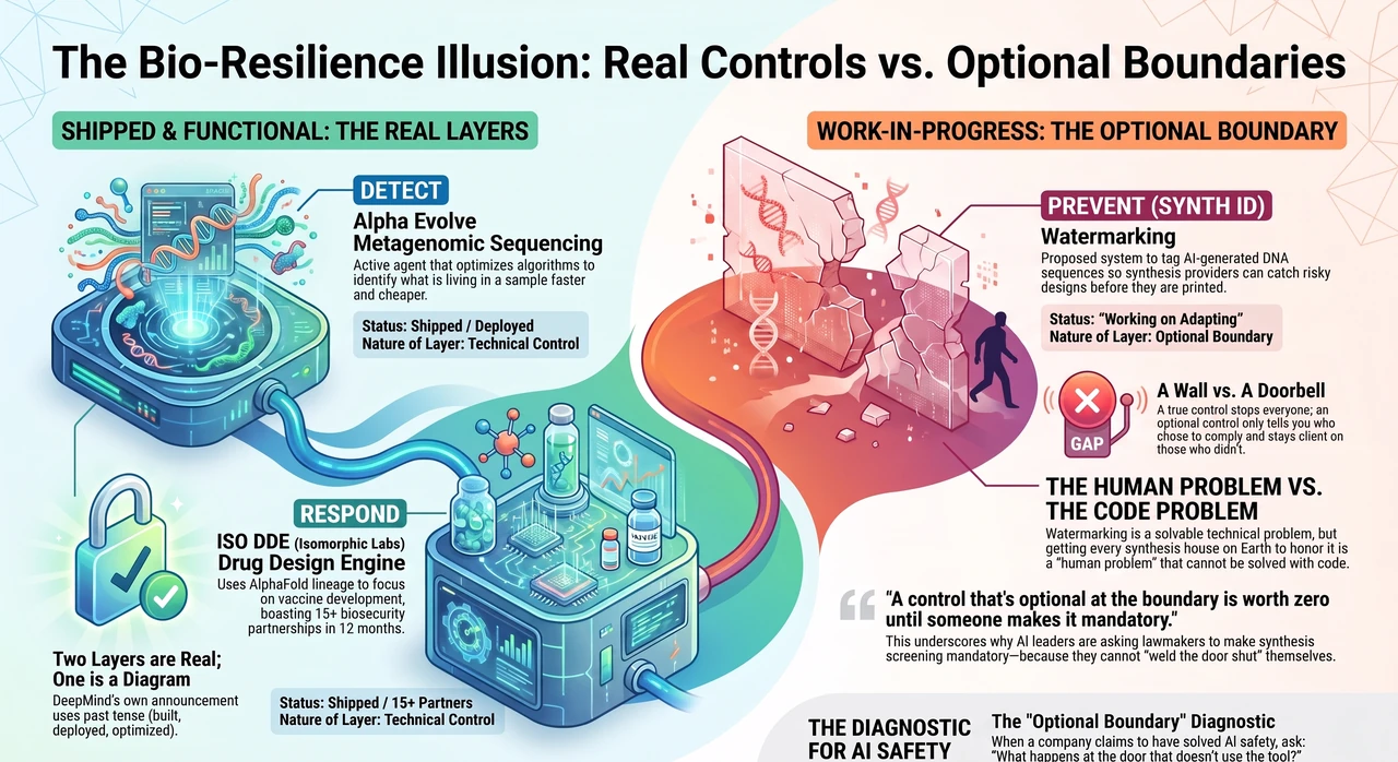 DeepMind Shipped the Watermark. It Can't Ship the Enforcement. — one-page infographic
