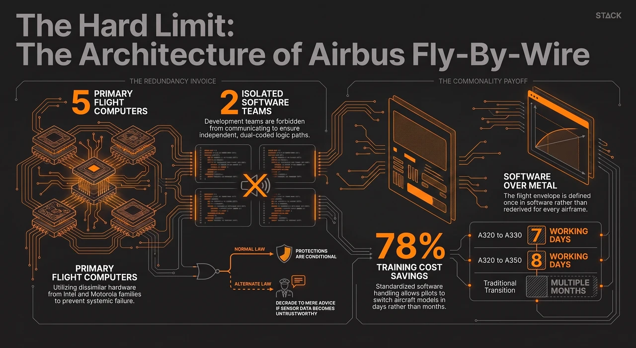 Airbus Made the Flight Envelope an INTERFACE. Not a Rule. — one-page infographic