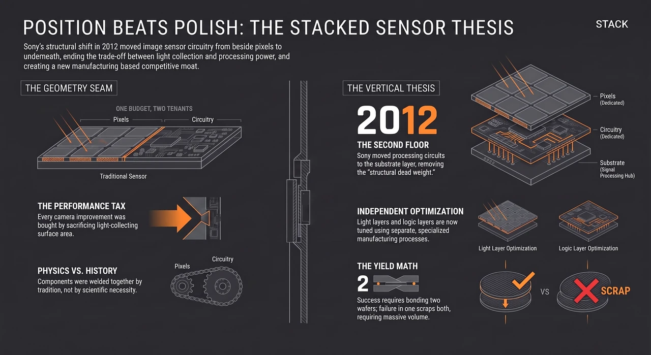 Sony Buried The Circuits Under The Pixel — And Won The Whole Sensor — one-page infographic