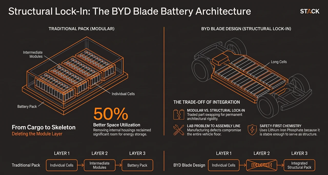 BYD Deleted a Battery Layer. Now the Factory Is the Hard Part — one-page infographic