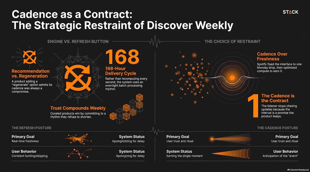 Spotify Could Update Your Feed Every Second. It Waits a Week Instead — one-page infographic