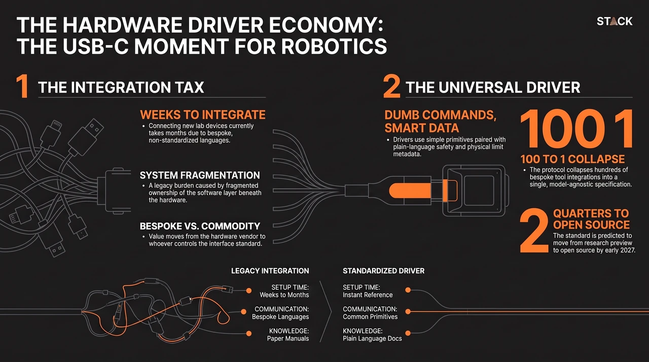 Anthropic's New Standard Turns Every Lab Robot Into One Interface — one-page infographic