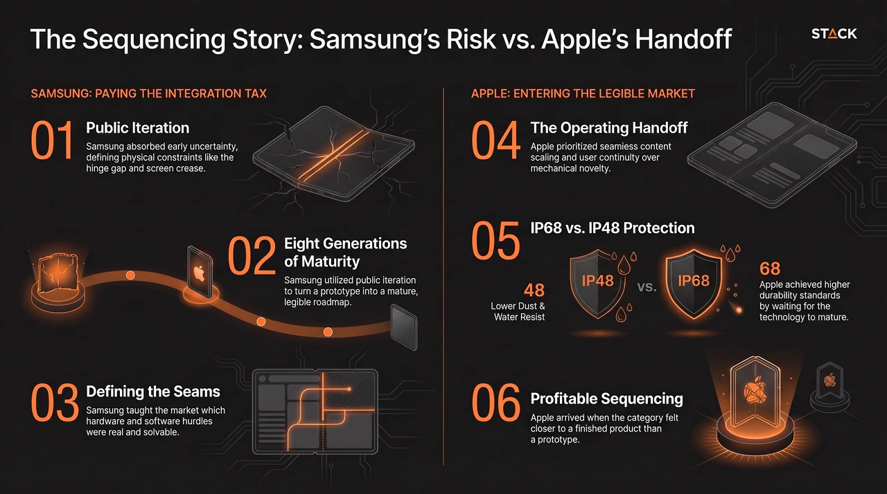 Samsung Folded First. Apple Waited for the Seam — one-page infographic